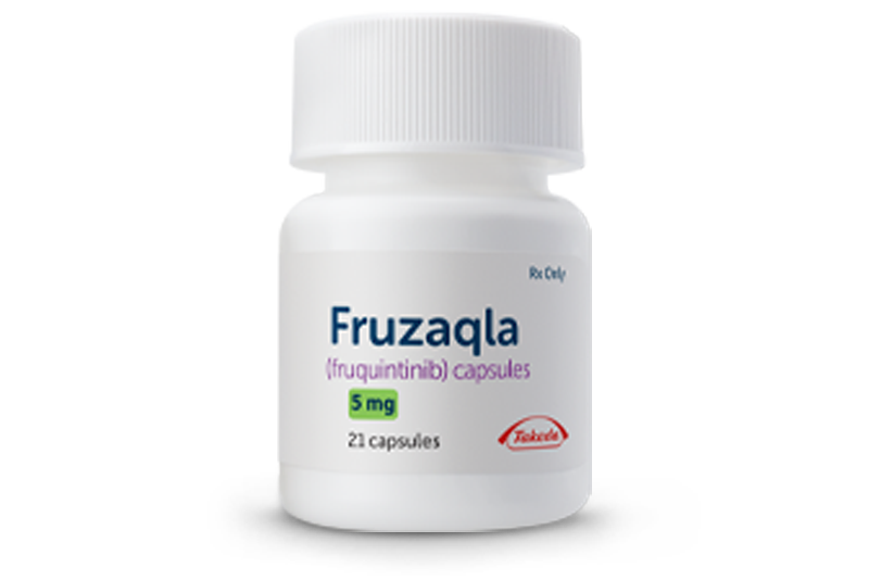 Bottle of 5 mg FRUZAQLA® (fruquintinib) capsules.